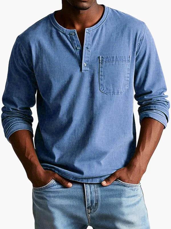 Men's long sleeve Henley shirt with round neck, button placket and chest pocket