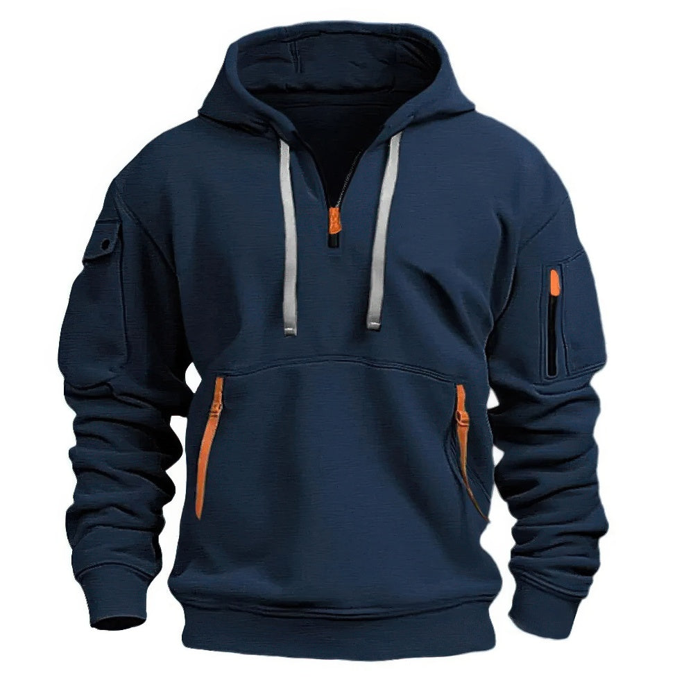 Men's hooded pullover hoodie with long sleeves, zip pockets and ribbed trims