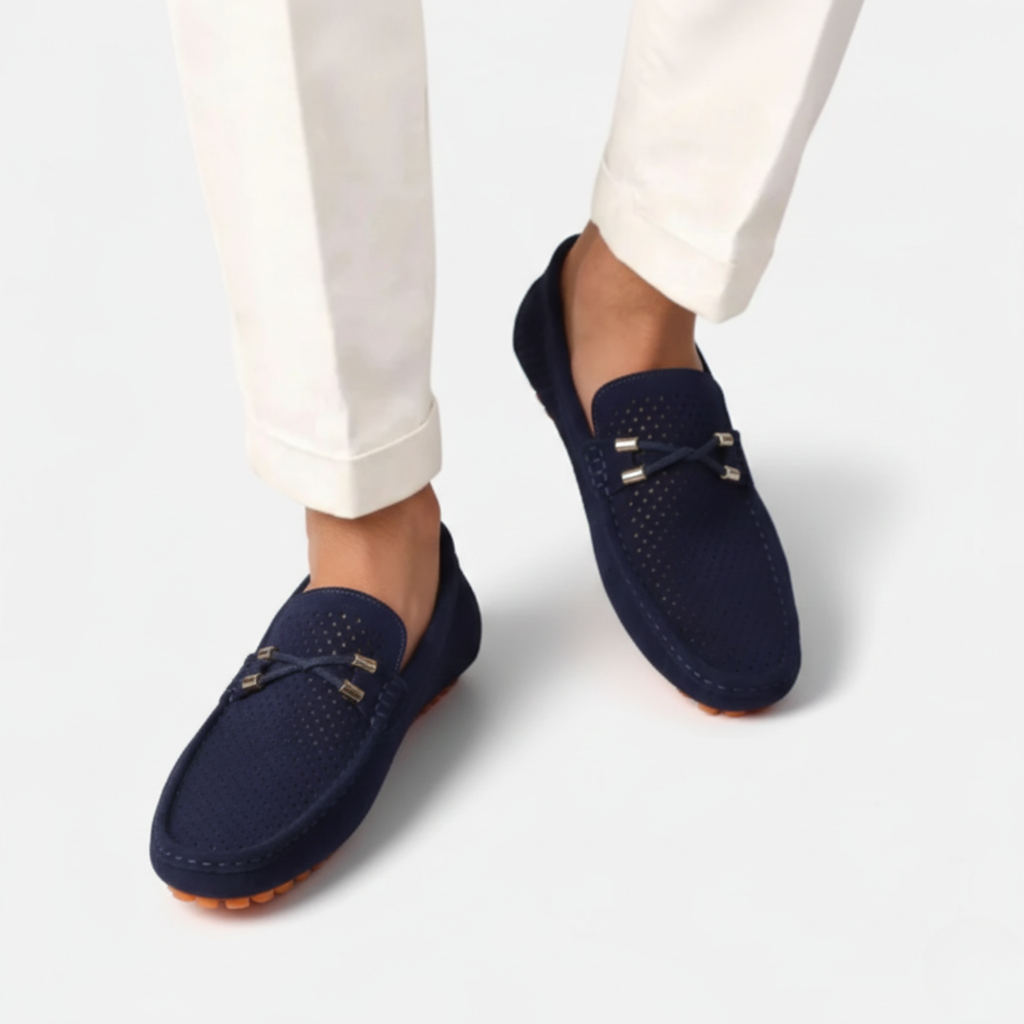 Men's perforated slip-on loafers with moc toe and metallic front detail