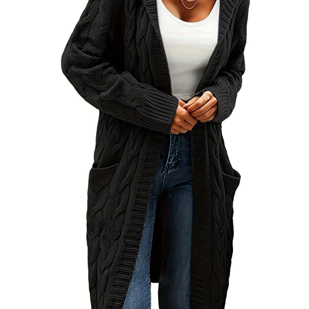 Women's long textured knit cardigan with open front, long sleeves and front pockets
