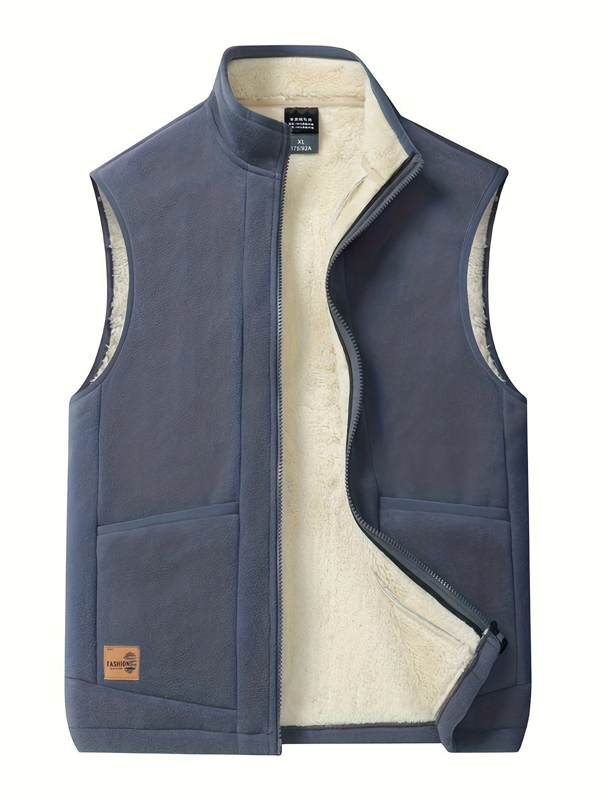 Men's sleeveless bodywarmer vest with cream textured lining and zip front