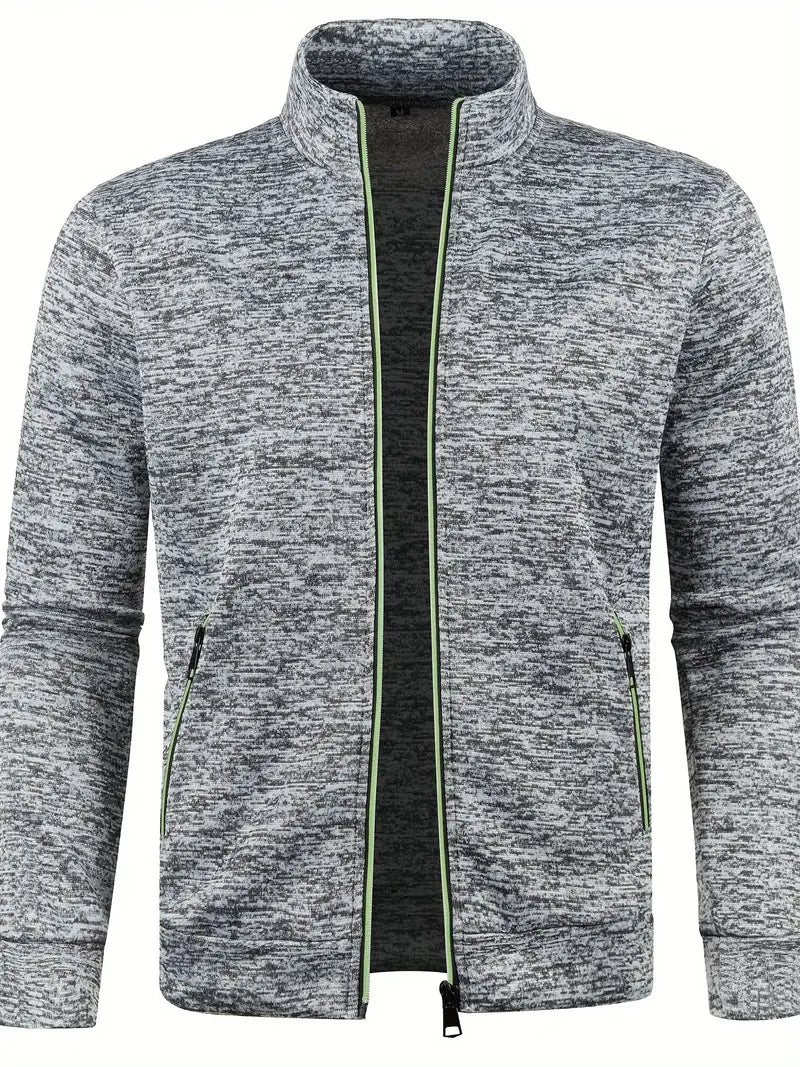 Men's full-zip cardigan with stand collar, long sleeves and zipped side pockets