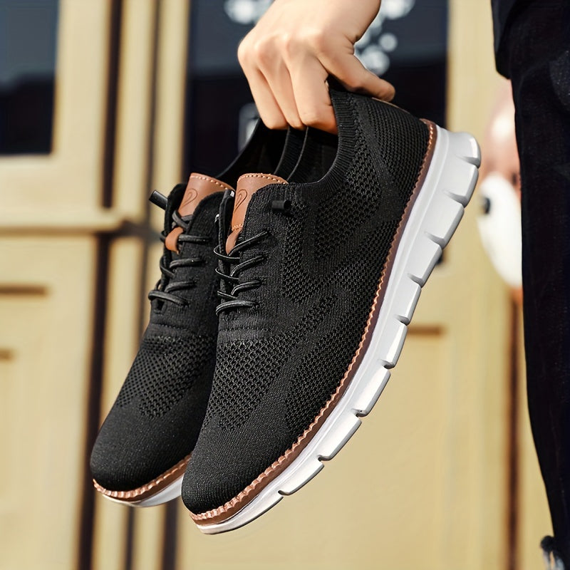 Textured lace-up trainers with rounded toe and flat white sole