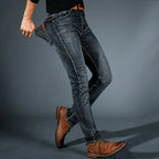 Men's slim fit jeans with five-pocket design and tapered legs
