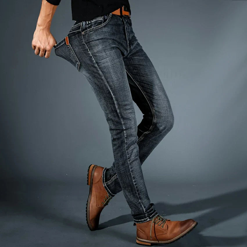 Men's slim fit jeans with five-pocket design and tapered legs