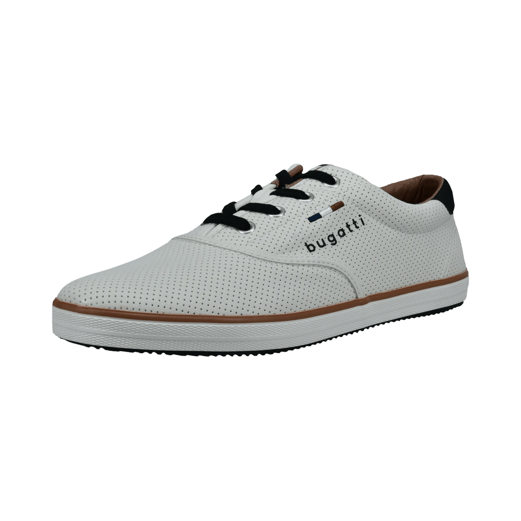 White perforated men's lace-up sneaker with black laces and brown trim