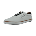 White perforated men's lace-up sneaker with black laces and brown trim