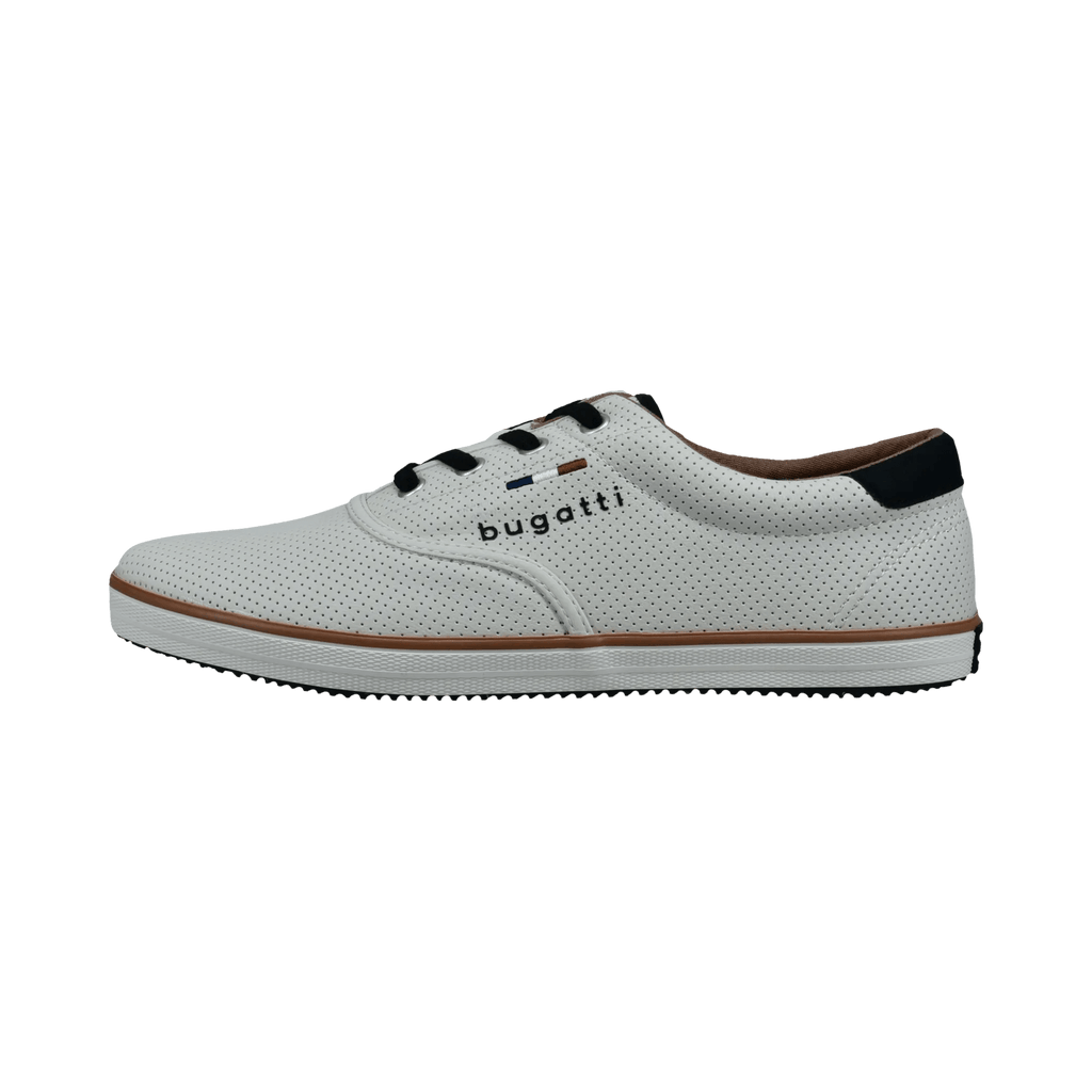 White perforated men's lace-up sneaker with black laces and brown trim