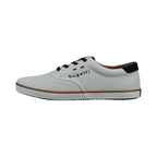 White perforated men's lace-up sneaker with black laces and brown trim