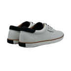 White perforated men's lace-up sneaker with black laces and brown trim