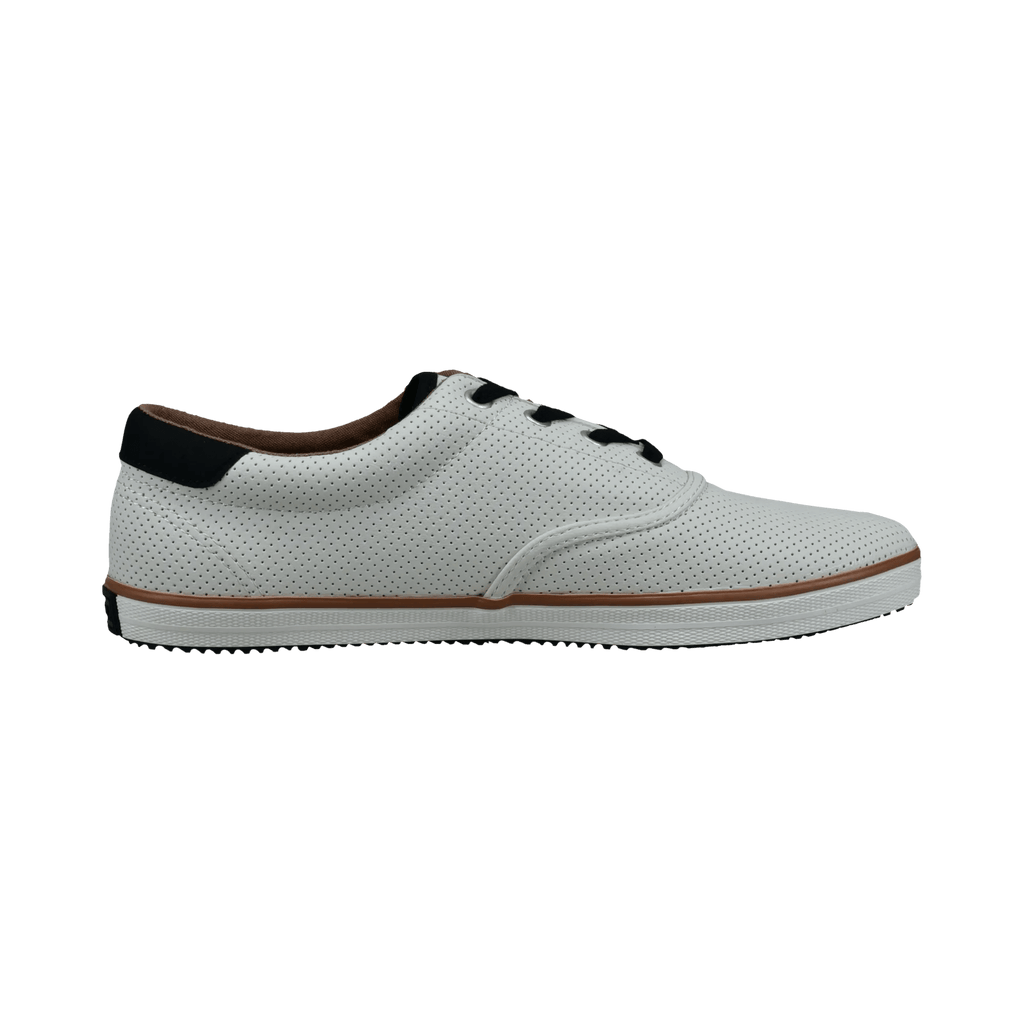 White perforated men's lace-up sneaker with black laces and brown trim