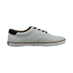 White perforated men's lace-up sneaker with black laces and brown trim