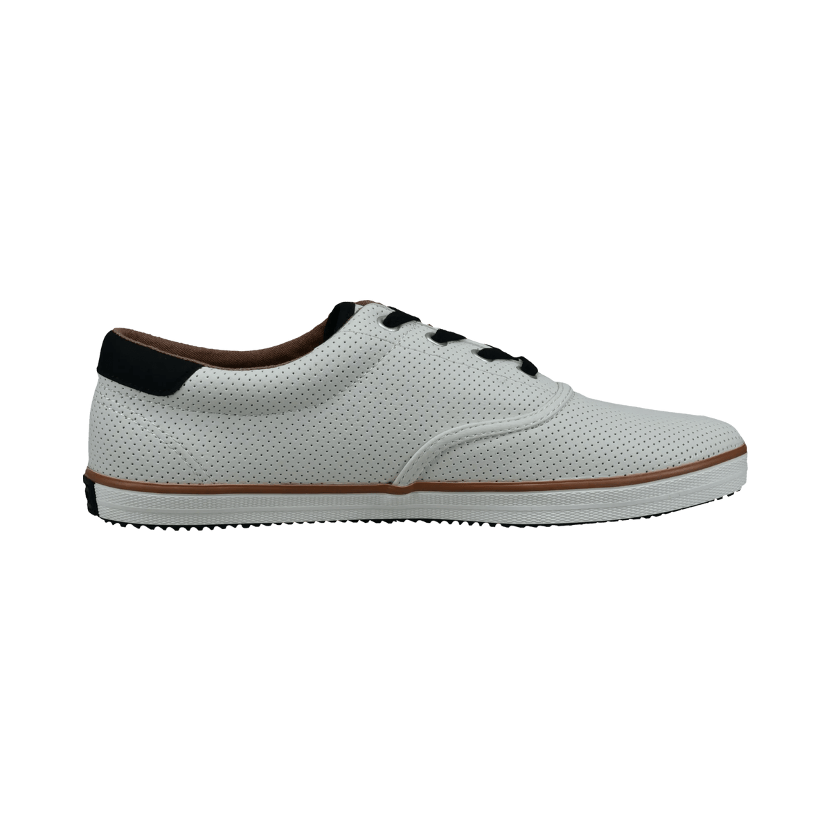 White perforated men's lace-up sneaker with black laces and brown trim