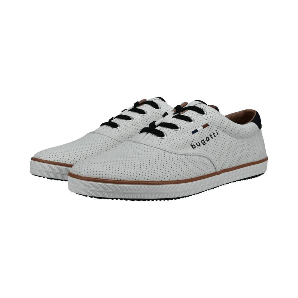 White perforated men's lace-up sneaker with black laces and brown trim