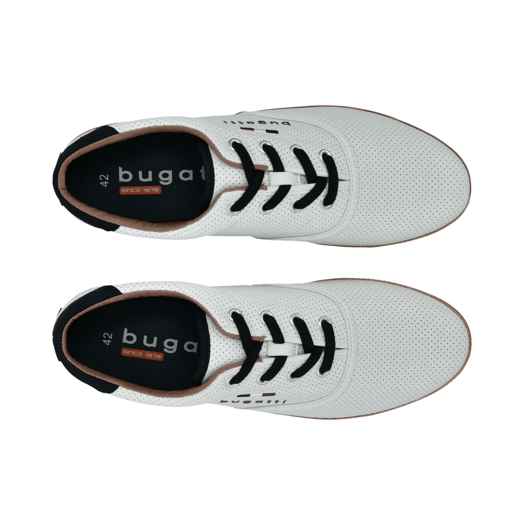 White perforated men's lace-up sneaker with black laces and brown trim