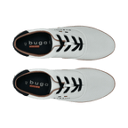 White perforated men's lace-up sneaker with black laces and brown trim