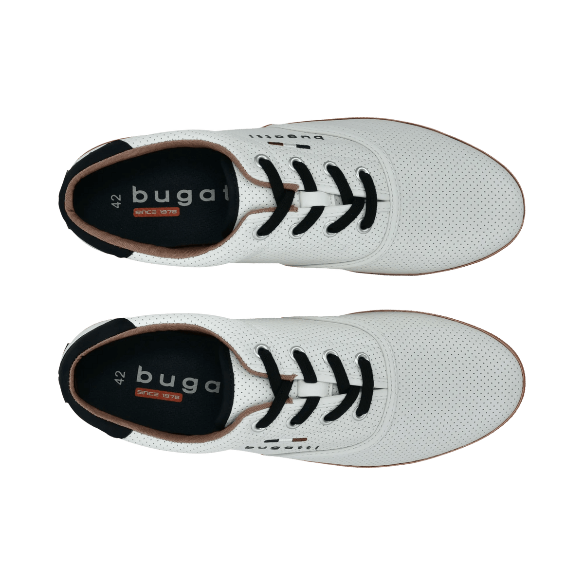 White perforated men's lace-up sneaker with black laces and brown trim