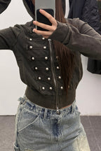 Women's black fitted cropped hoodie with hood, front zip and silver-tone stud detailing