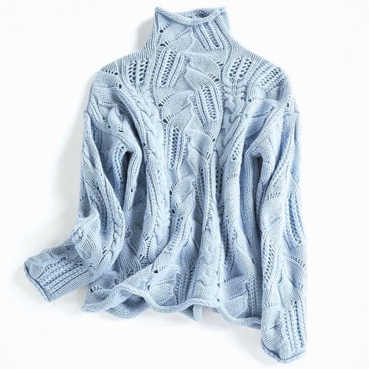 Women's textured knitted jumper with high turtle neck and long sleeves