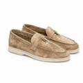 Unisex moc toe loafers with vamp strap and metal detail