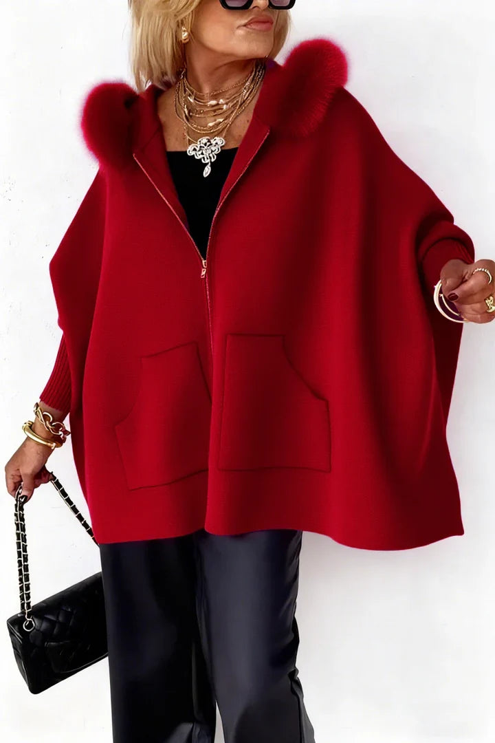 Women's relaxed hooded short cardigan with zip front, fluffy trim and front pockets