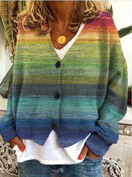 Women's striped knitted cardigan with V-neckline and button front