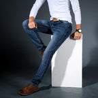 Men's slim fit jeans with five-pocket design and tapered legs