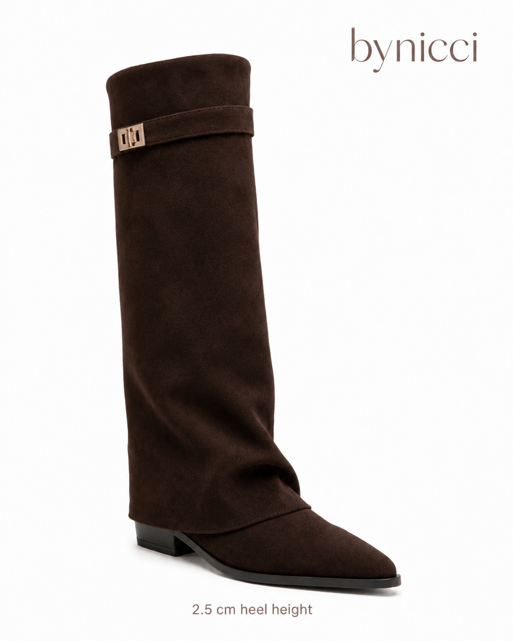 Women's dark brown knee-high pointed-toe boots with buckle strap and low heel