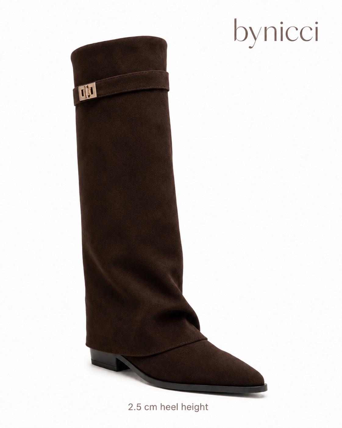 Women's dark brown knee-high pointed-toe boots with buckle strap and low heel