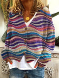 Women's striped knitted cardigan with V-neckline and button front