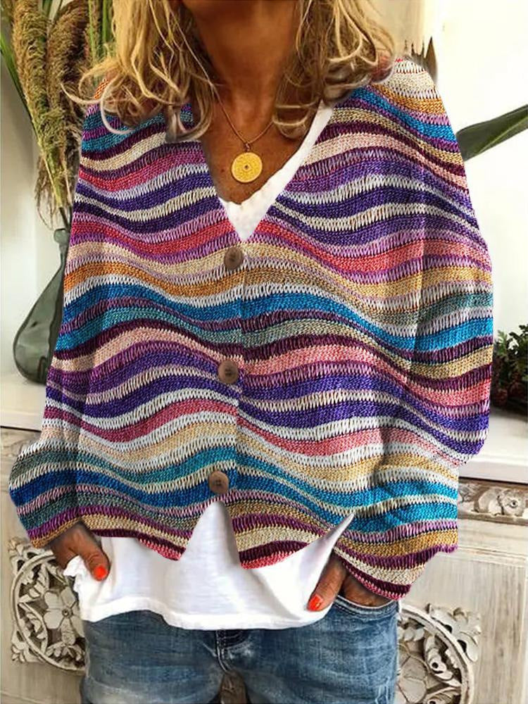 Women's striped knitted cardigan with V-neckline and button front