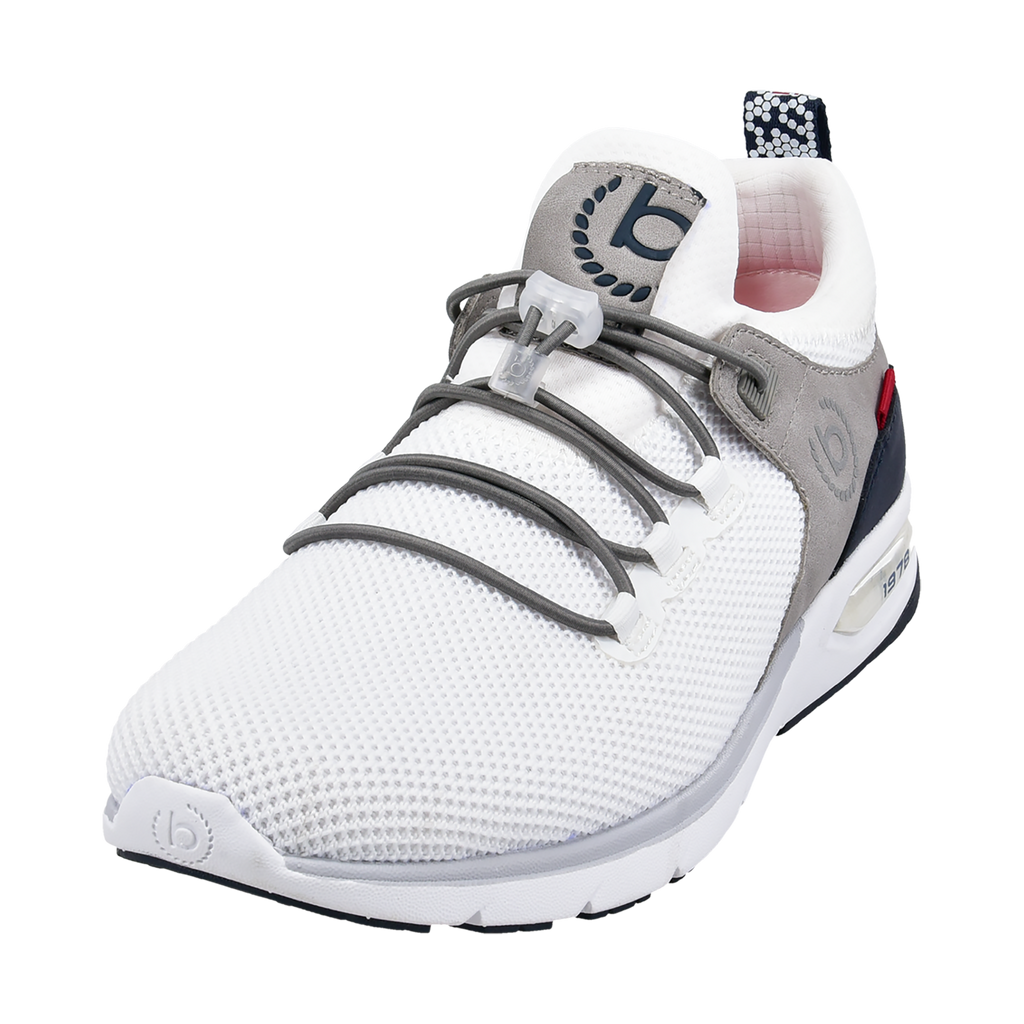 White lace-up trainers with grey panels and navy heel section