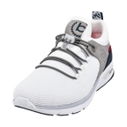 White lace-up trainers with grey panels and navy heel section