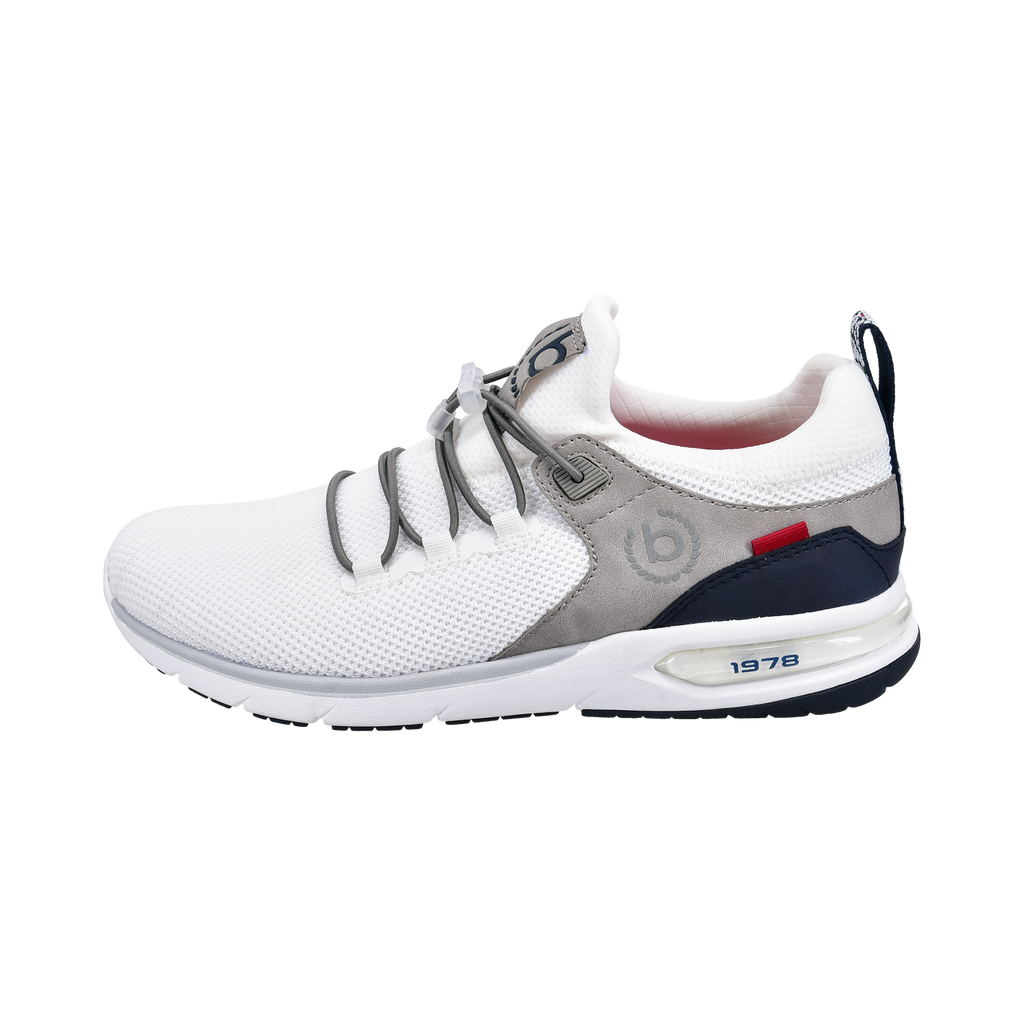 White lace-up trainers with grey panels and navy heel section