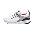 White lace-up trainers with grey panels and navy heel section