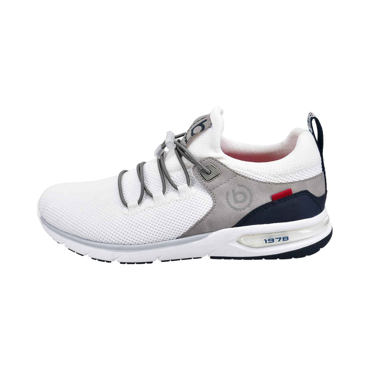 White lace-up trainers with grey panels and navy heel section
