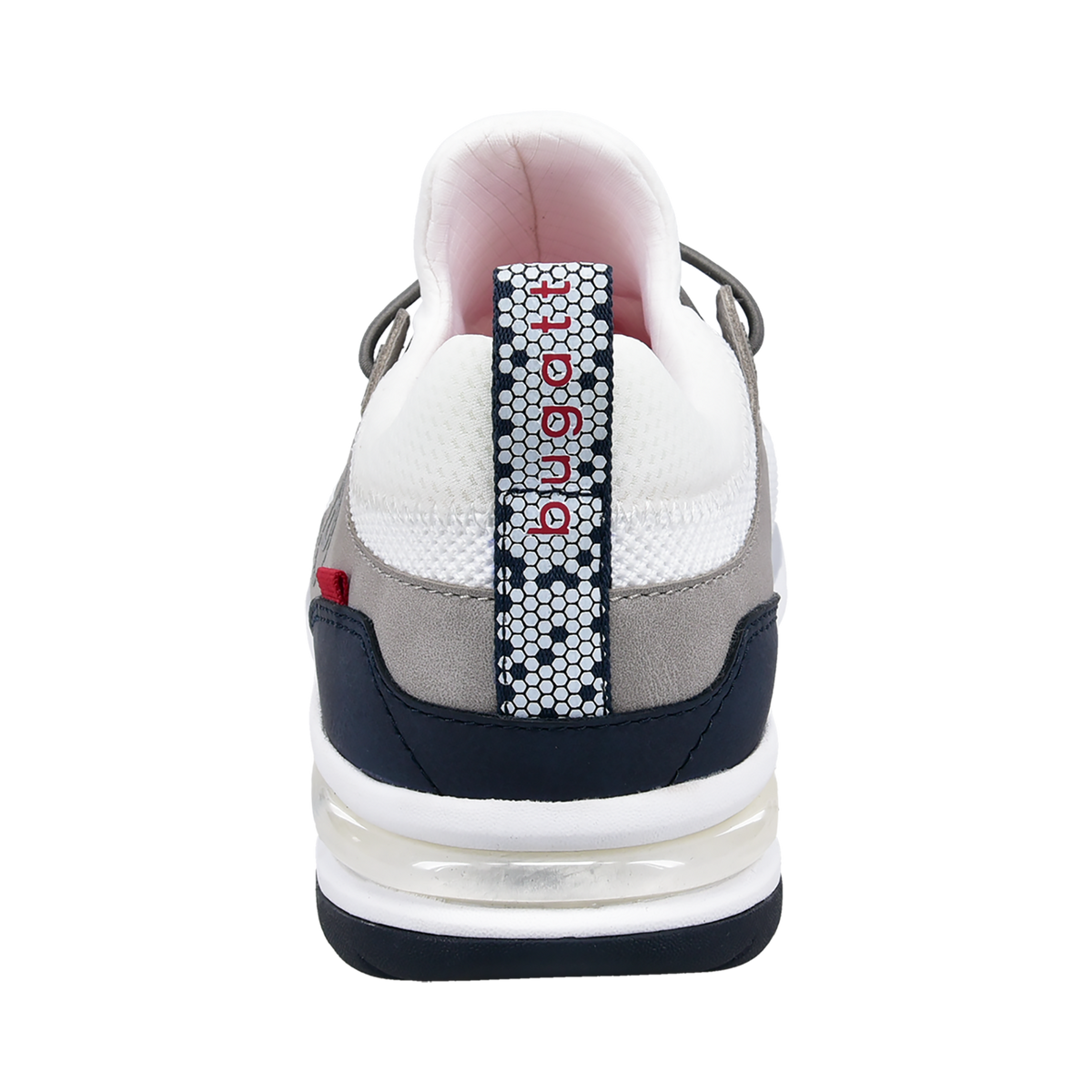 White lace-up trainers with grey panels and navy heel section