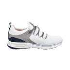 White lace-up trainers with grey panels and navy heel section