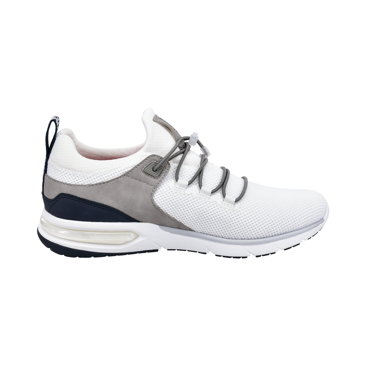 White lace-up trainers with grey panels and navy heel section