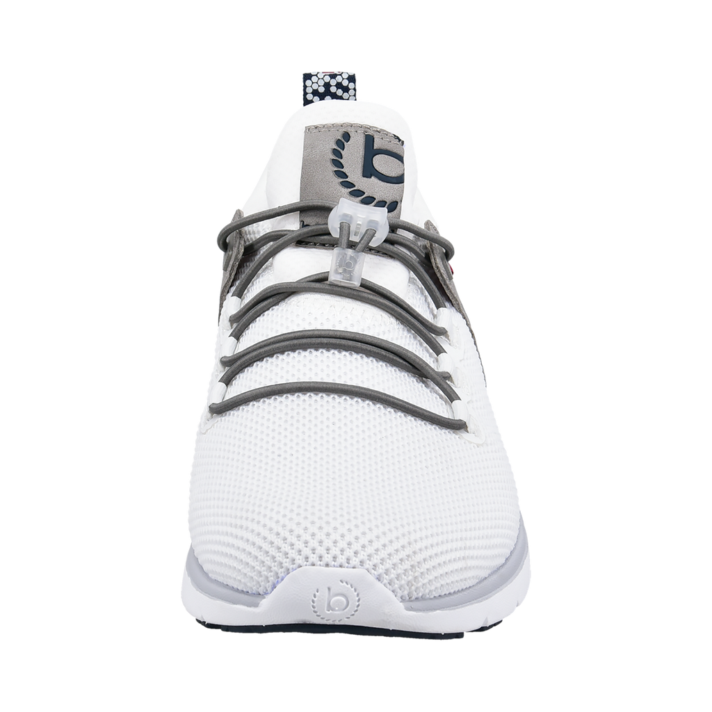 White lace-up trainers with grey panels and navy heel section