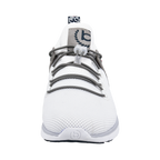 White lace-up trainers with grey panels and navy heel section