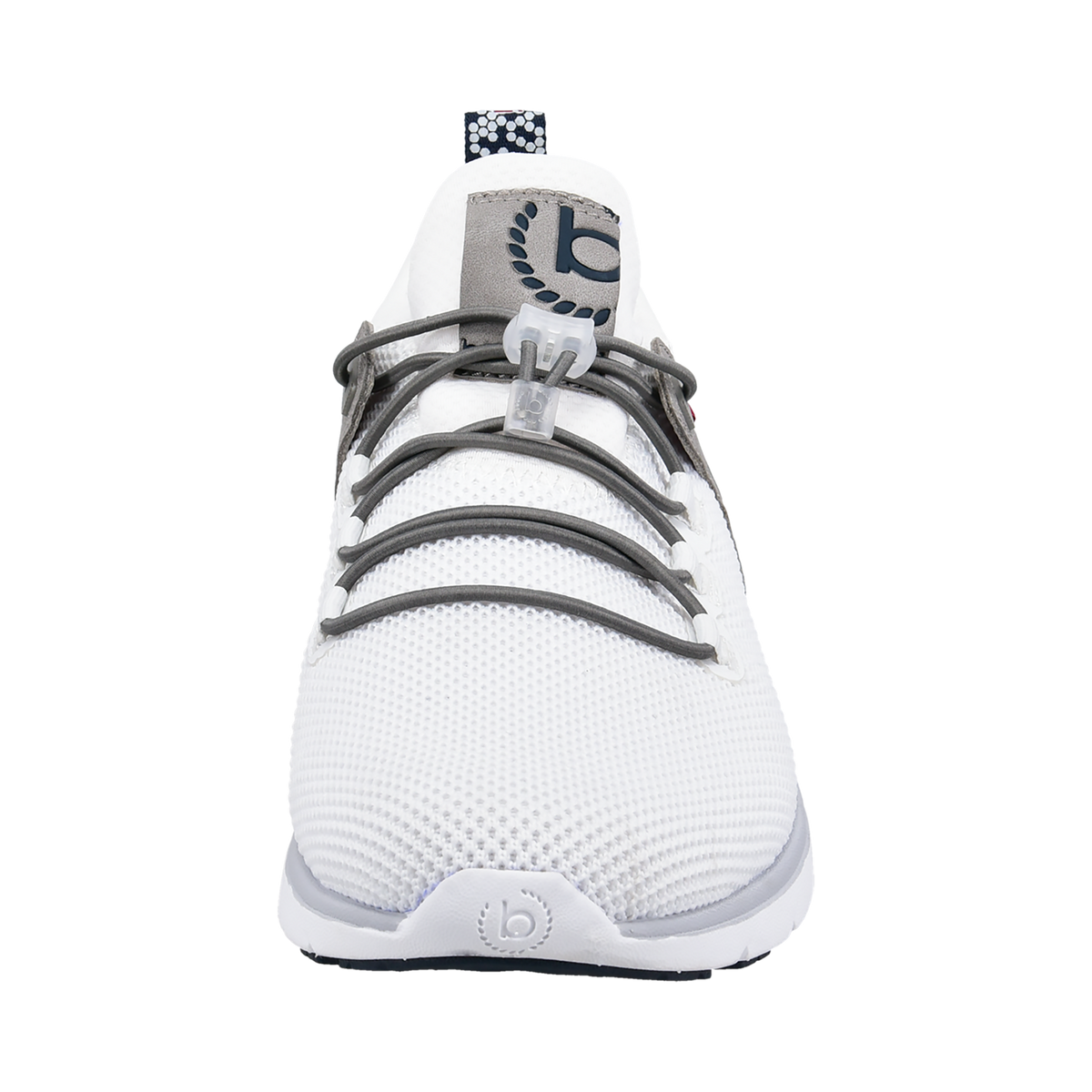White lace-up trainers with grey panels and navy heel section