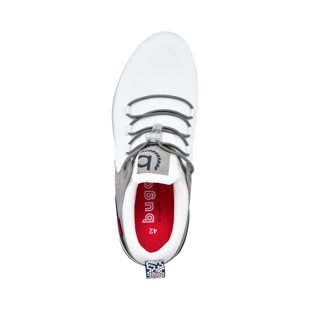 White lace-up trainers with grey panels and navy heel section