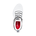 White lace-up trainers with grey panels and navy heel section