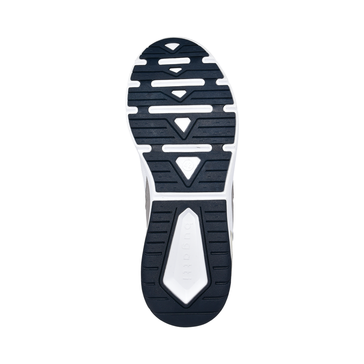White lace-up trainers with grey panels and navy heel section