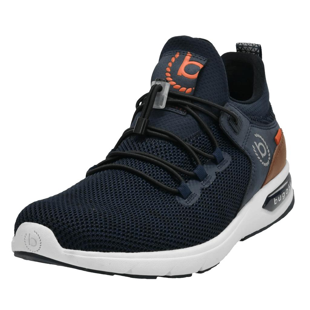 Men's navy trainers with toggle laces, white sole and brown heel panel