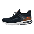 Men's navy trainers with toggle laces, white sole and brown heel panel
