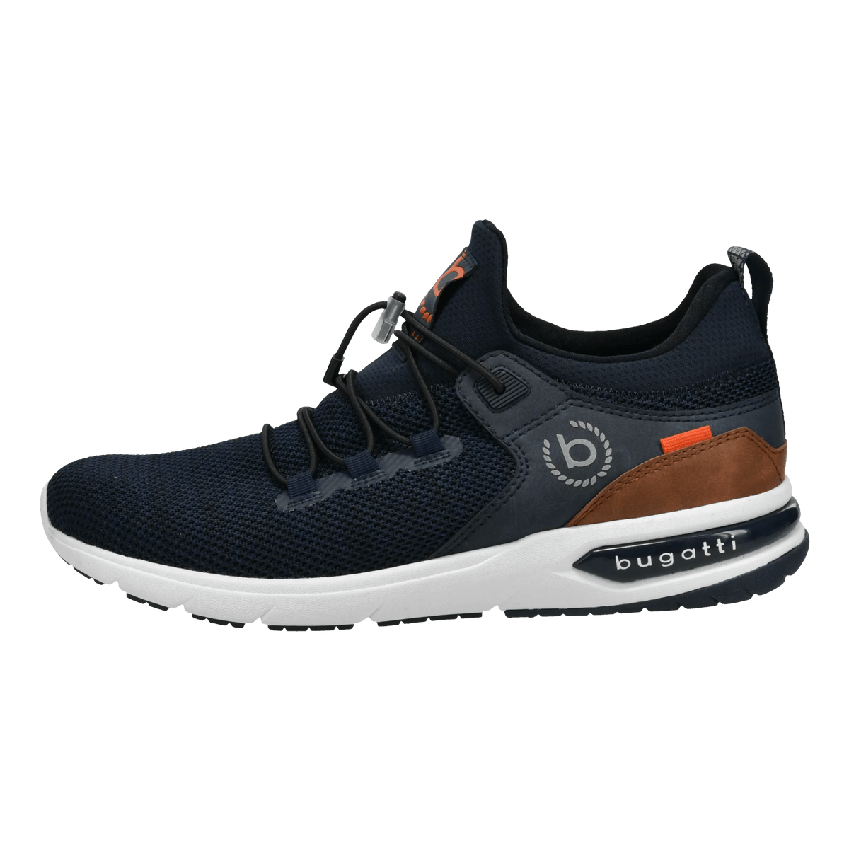 Men's navy trainers with toggle laces, white sole and brown heel panel