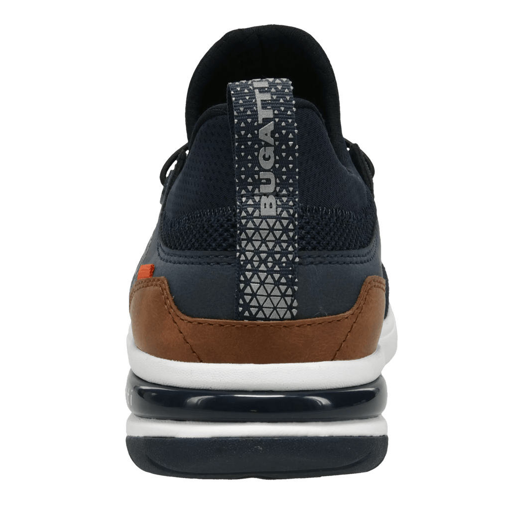 Men's navy trainers with toggle laces, white sole and brown heel panel