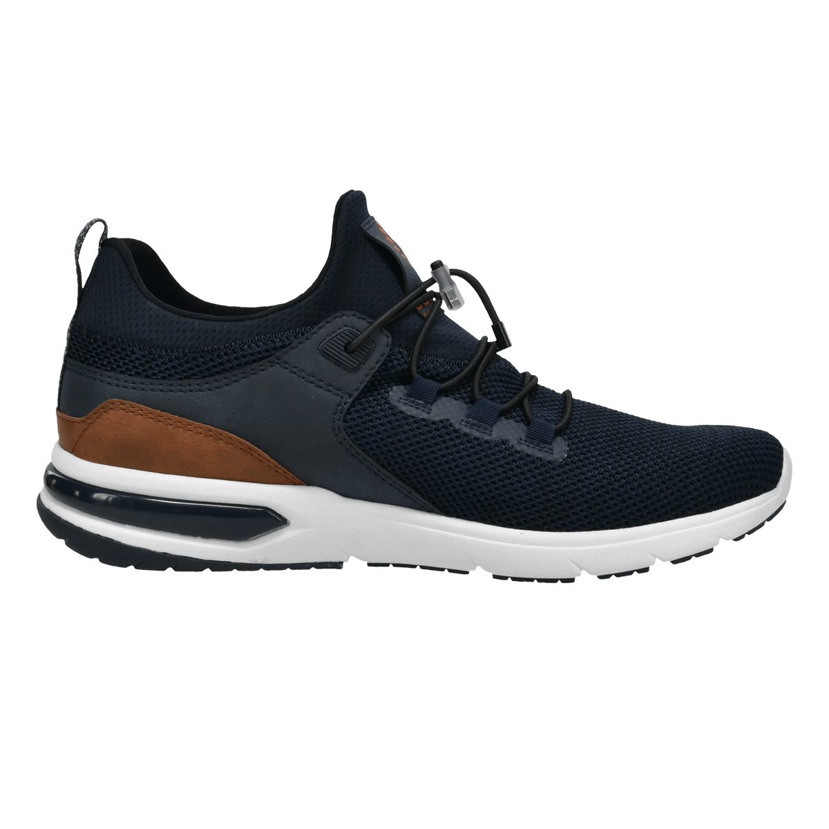 Men's navy trainers with toggle laces, white sole and brown heel panel